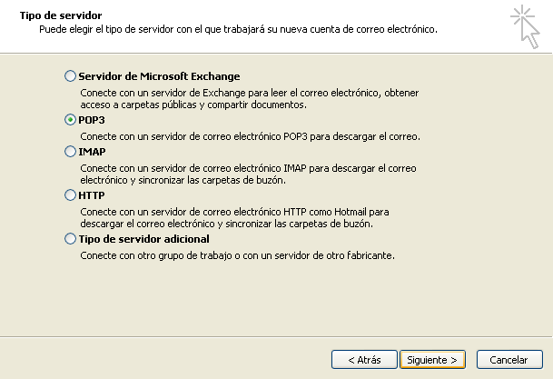 En la nueva ventana Tipo de servidor seleccione POP3